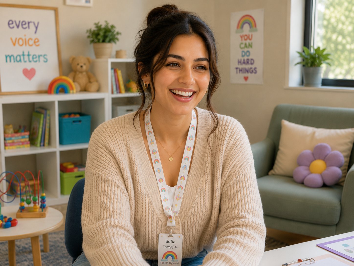 Sofia laughing warmly in her sunlit practice room, her name badge on its pastel lanyard.